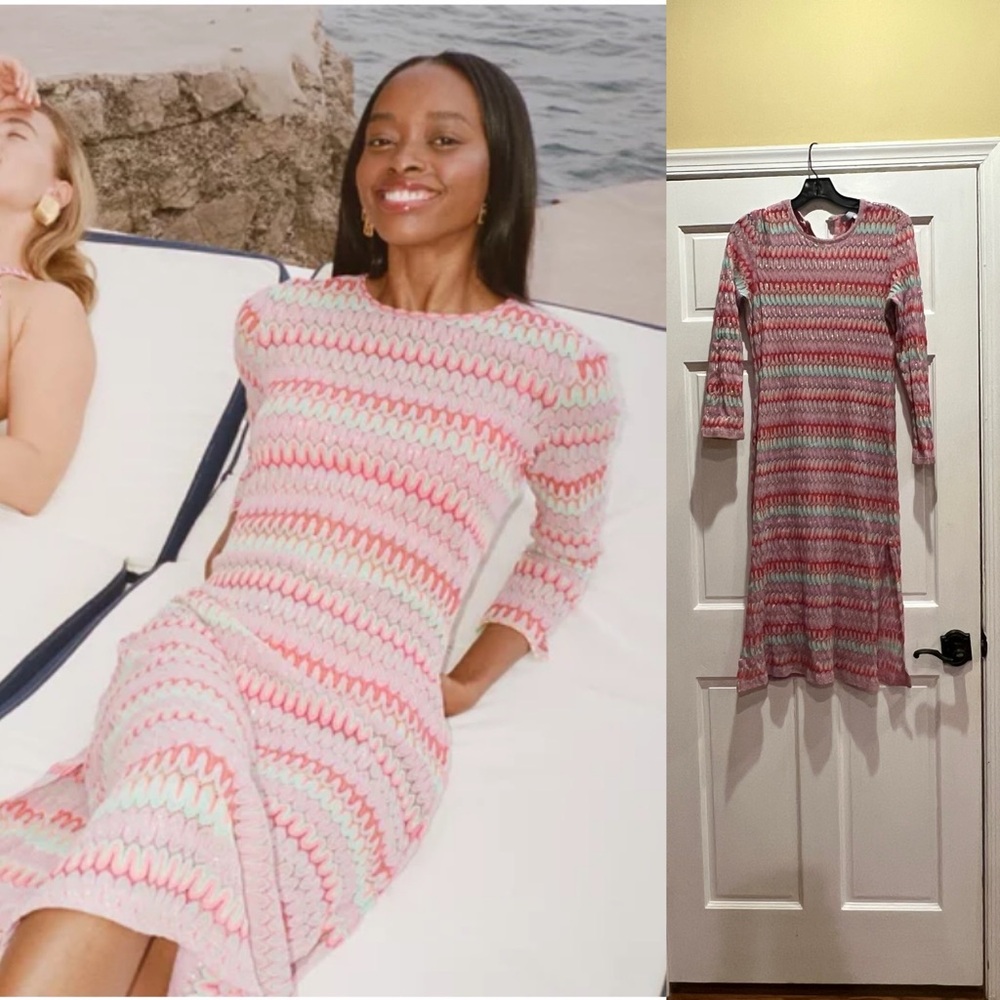 Hill House Pink and White Long Sleeve Knit Dress